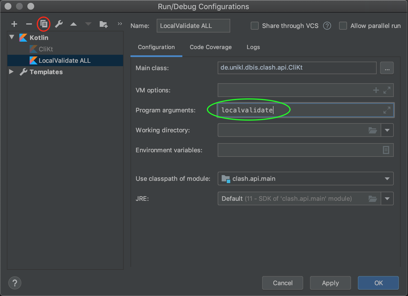 Run configuration window